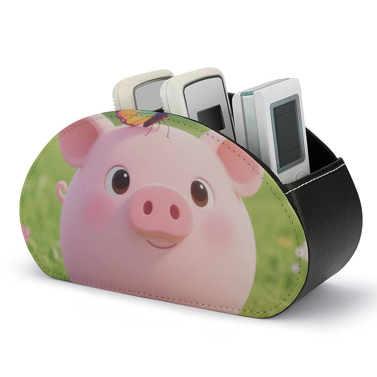 DWVTSLH Pig Remote Control Holder with 5 Compartments - PU Leather TV Remote Holder Remote Caddy Desktop Organizer Makeup Brush Holder, Remote Storage Box for Home Office