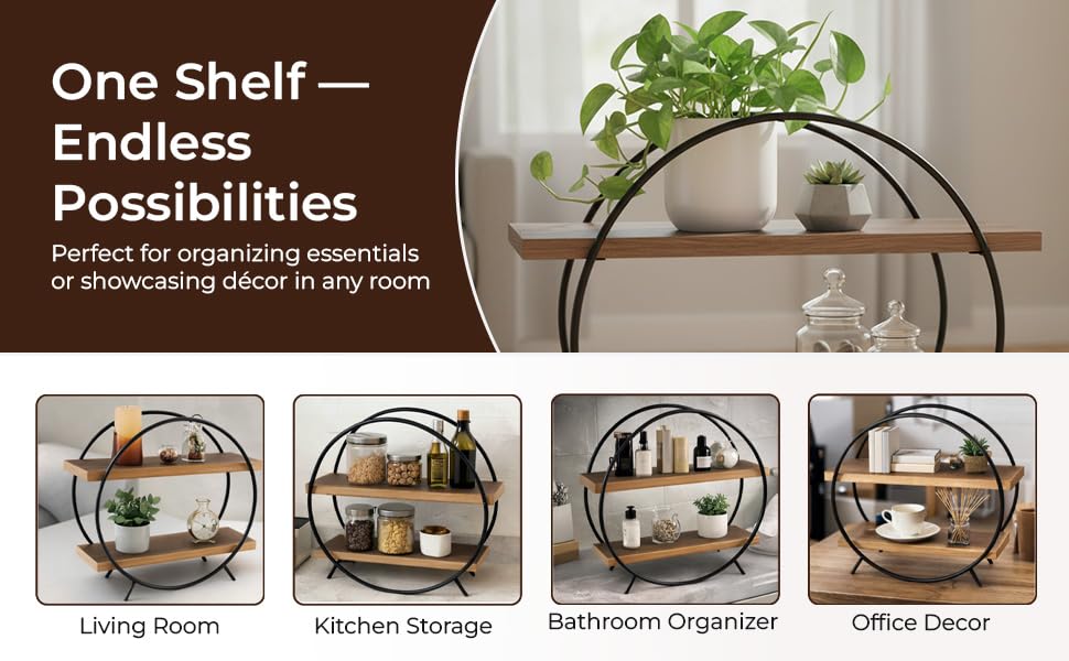 Image of Kitchen Organizer Rack - Wooden Kitchen Shelf, Rack for Kitchen Storage, Circular Countertop Spice Organizer, Mango Wood & Iron, Space Saving (40.5 x 16.5 x 37 cm)