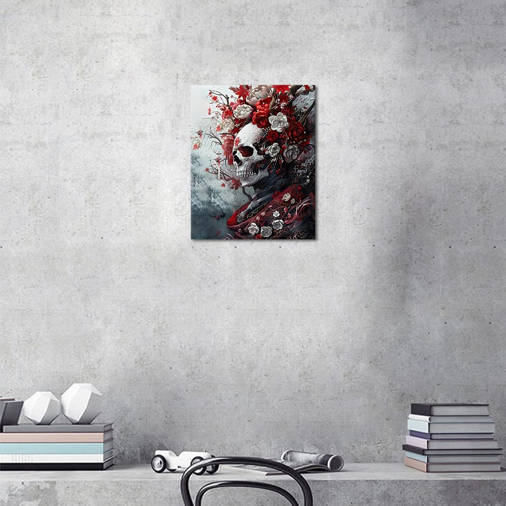 TISHIRON Malen nach Zahlen für Erwachsene, Totenkopf mit roten Blumen Malen nach Zahlen für Erwachsene, 16x20 Inch Ölgemälde-Set als Geschenk für Kinder(Gerahmt)