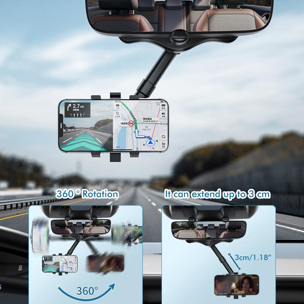 Soporte para teléfono para automóvil Giratorio y retráctil de 360 Grados, Soporte para teléfono con Espejo retrovisor para automóvil Ajustable Multifuncional, Soporte para teléfono móvil