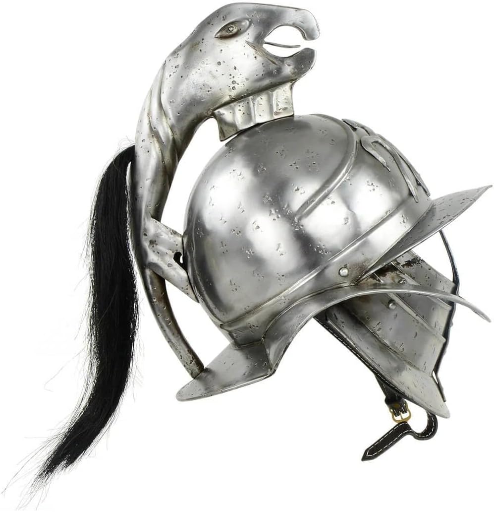 Medieval Gladiator Helmet, Spartacus Style Armor with Black Plume, Silver Metal Combat Headwear, Historical Costume Replica