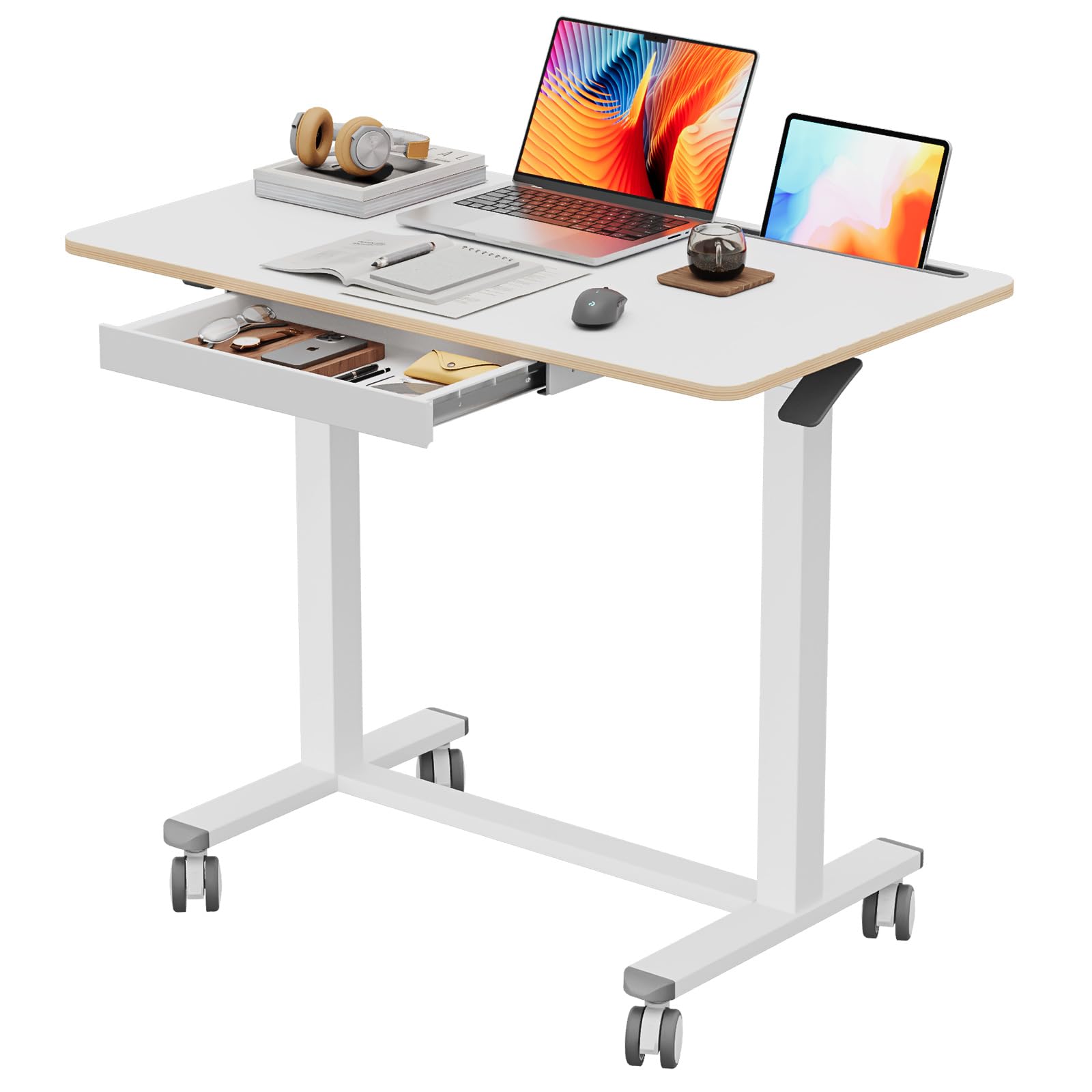 mobile standing desk, 35inch small standing desk with drawer, height adjustable rolling sit stand desk, white portable laptop desk with hidden wheels or lockable casters