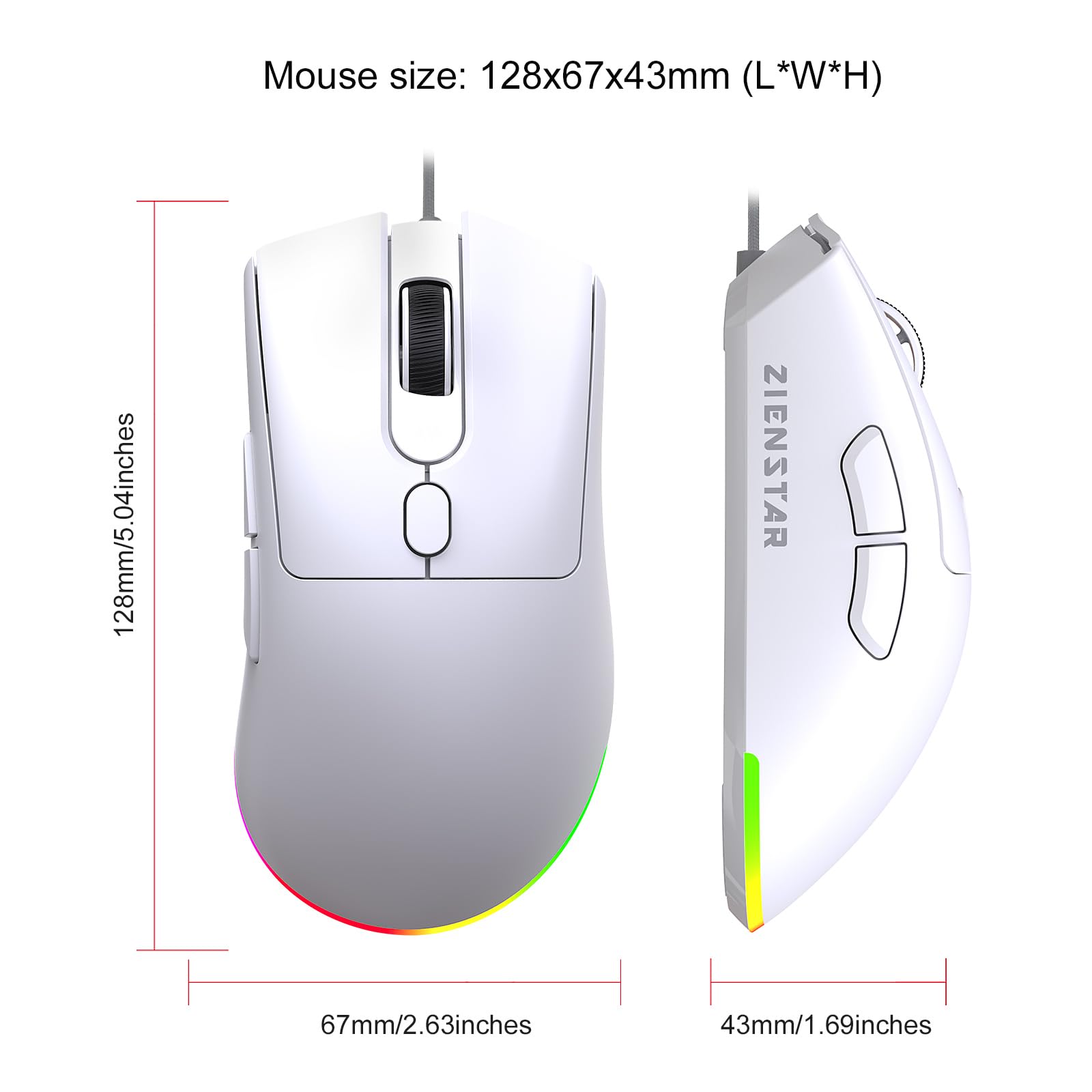 HXMJ Przewodowa mysz do gier USB C, 7200 DPI, ergonomiczna mysz z podświetleniem RGB do Apple MacBook, komputera lub laptopów z portem typu C, biała