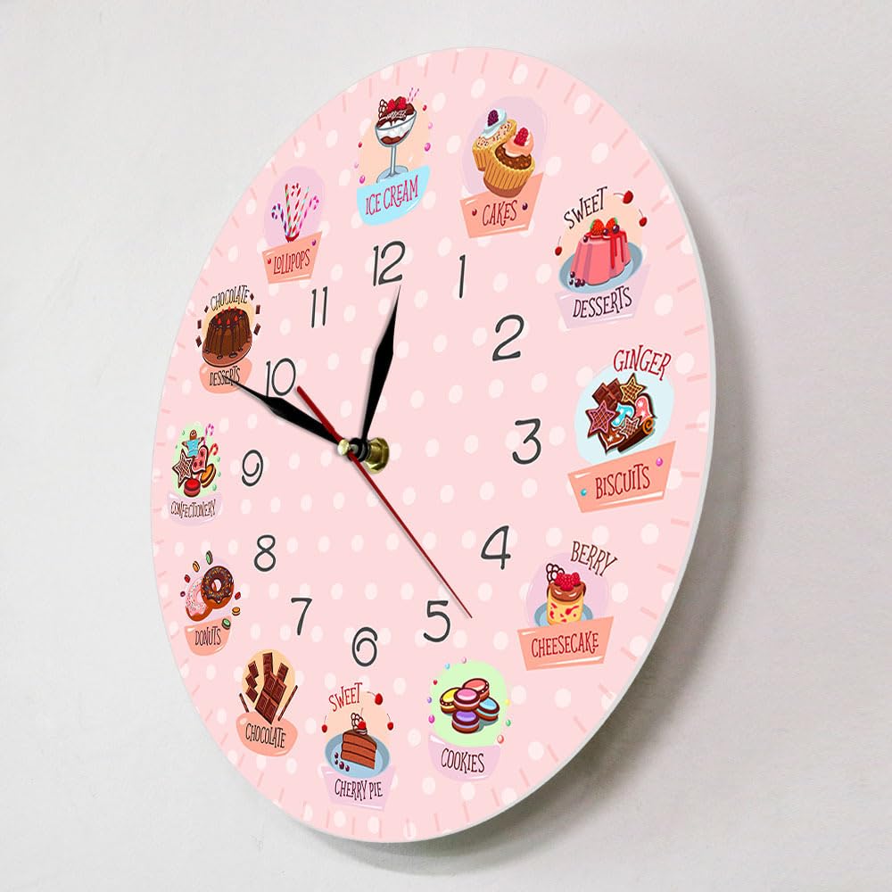 Reloj De Pared Rosa con Diseño De Postre De Dibujos Animados, Reloj De Pared De Cuarzo Decorativo, Silencioso Y Creativo, Ideal para La Decoración De Paredes Y Fondos De Salas De 30cm