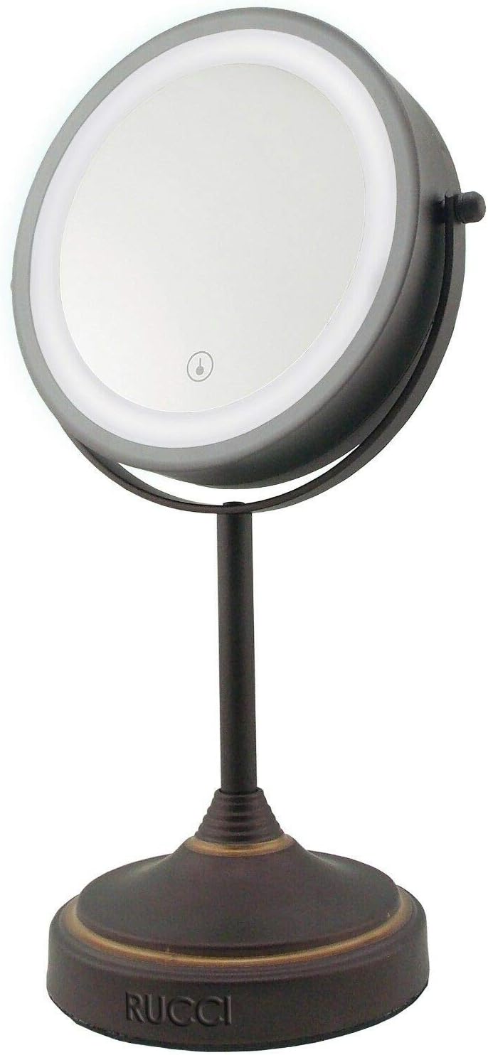 Tabletop LED Light Makeup Mirror, 7x Magnification, Battery Operated, 6.75"x13.5"H Double Sided Revolving, Oil Rubbed Bronze, Chrome Finish by Rucci