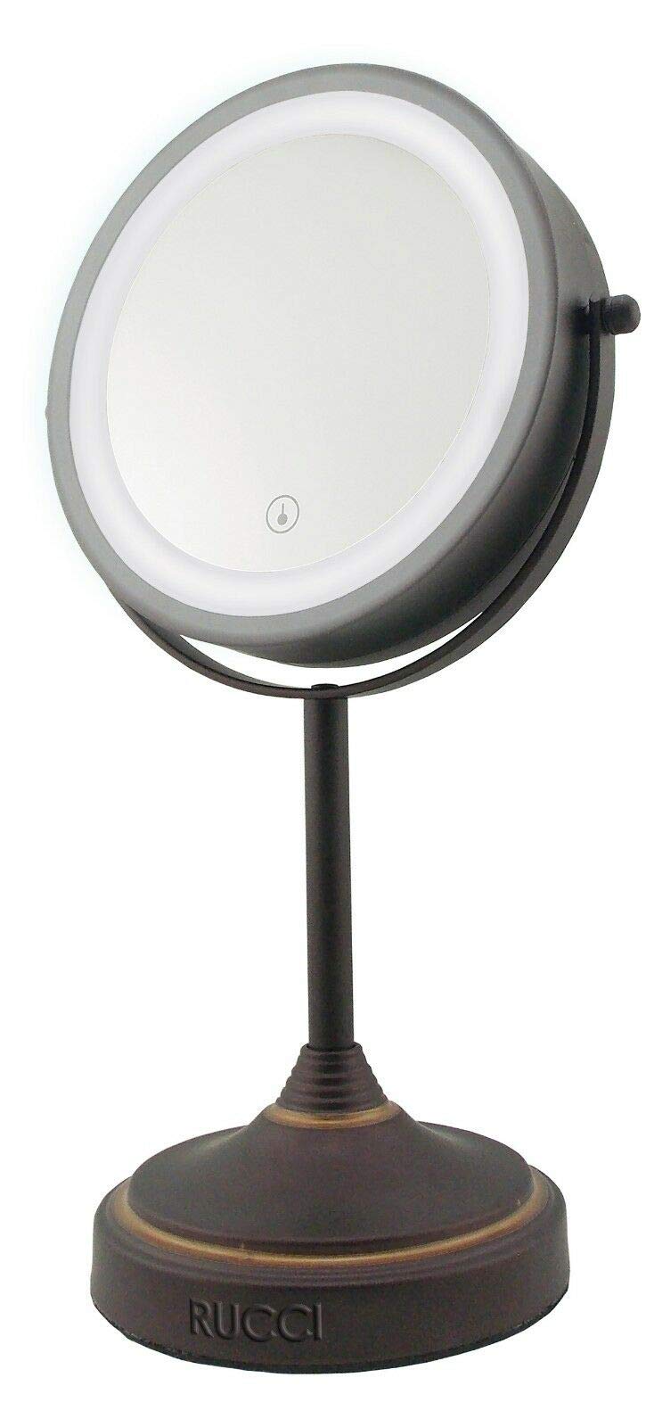 Tabletop LED Light Makeup Mirror, 7x Magnification, Battery Operated, 6.75"x13.5"H Double Sided Revolving, Oil Rubbed Bronze, Chrome Finish by Rucci
