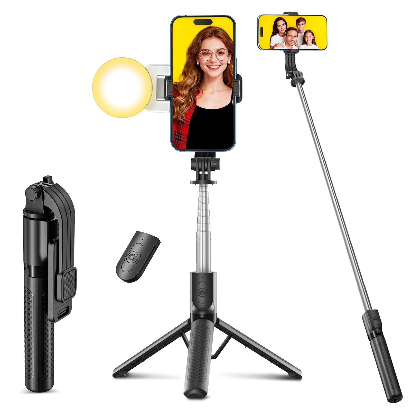 Selfie Stick Tripod with Fill Light 125cm Portable Telescopic Selfie Stick with