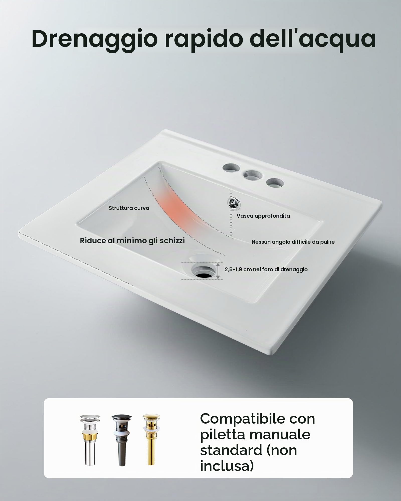 VEVOR Lavabo Semi Incasso in Ceramica da Appoggio 510 x 465 mm con 3 Fori Preforati, Lavabo Moderno per Cucina Bagno nel Piano di Lavoro, Foro del Rubinetto 35 mm, Lavello Bianco