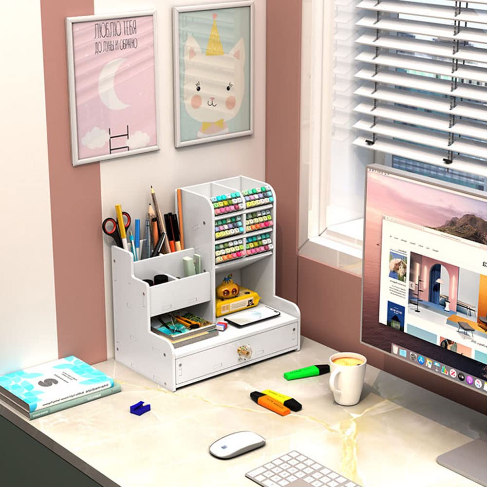 Hggzeg Schreibtisch-Organizer mit Schublade, vielseitig einsetzbar, Stifthalter, für Schreibwaren, Schreibtisch-Aufbewahrungsbox für Zuhause, Büro und Schule, PB17, Weiß