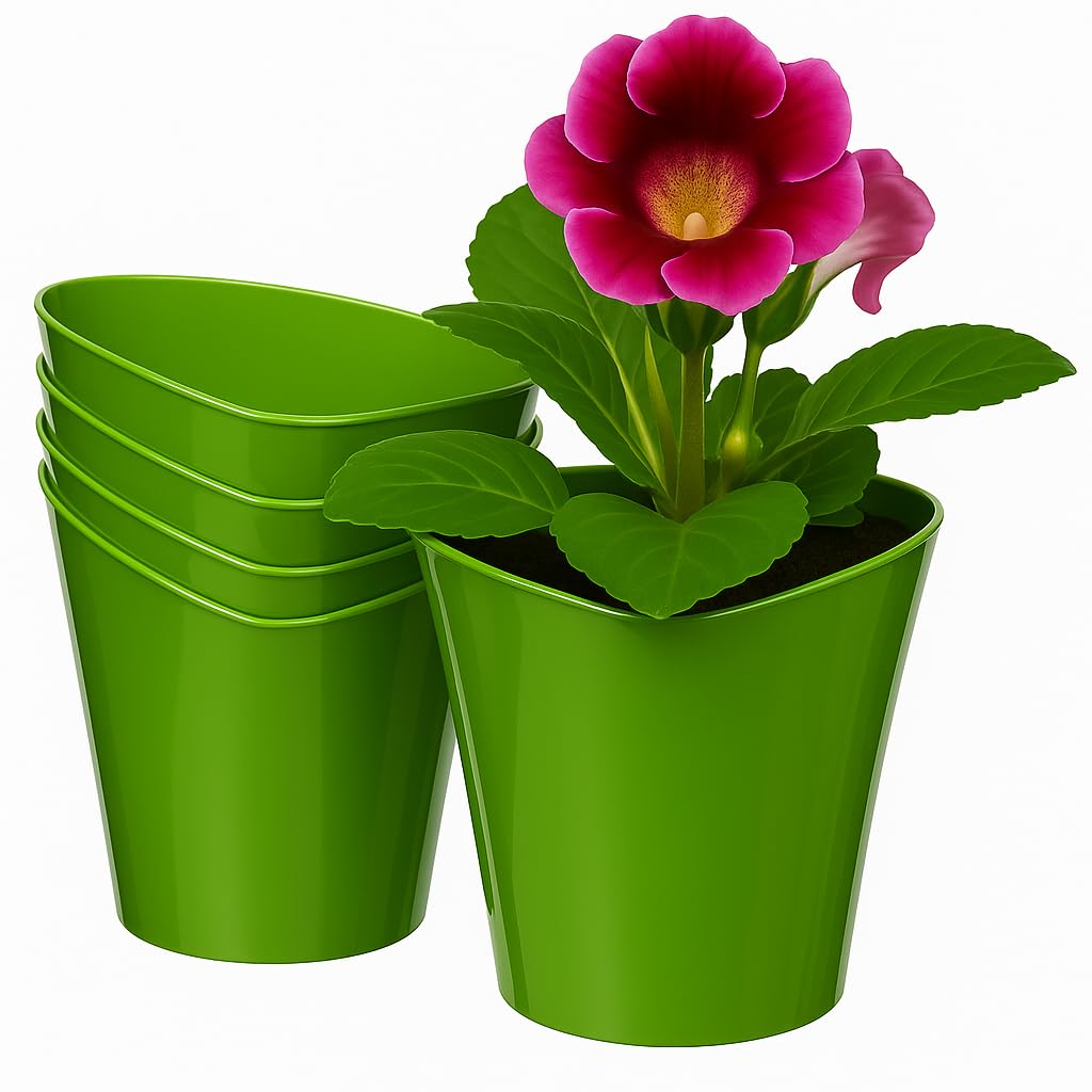 Home Garden Ornaments Green Plastic Plant Pots Indoor Set Of 5 – Tapered Shape Vibrant Colors Flower Pots For Home Decor (17Cm / 6.7 Inch, )