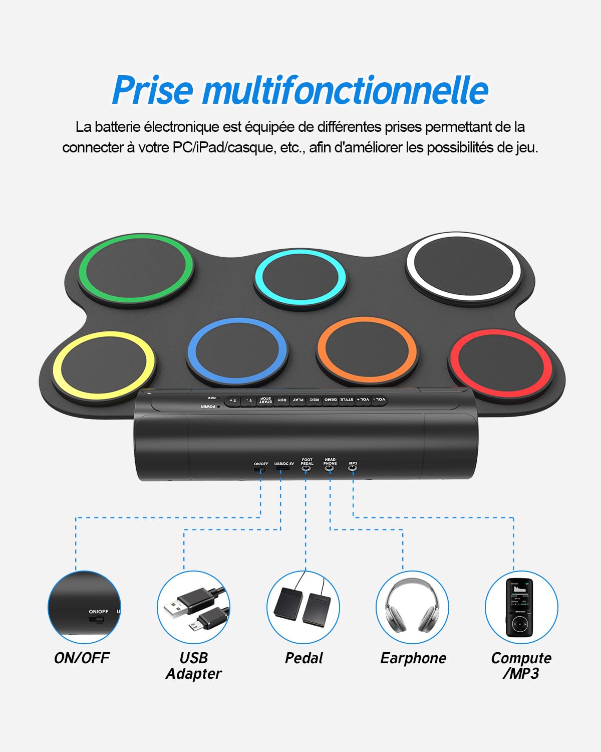Batterie électronique pour enfants, 7 pads enroulable avec MIDI, kit de tapis de batterie d'entraînement pour débutants et enfants avec haut-parleur stéréo intégré, tambour électronique portable