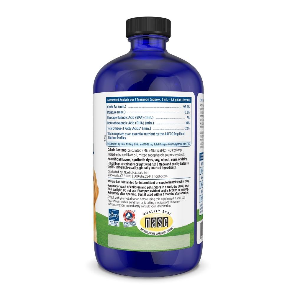 Nordic Naturals Pet Cod Liver Oil | 1104 Mg Omega-3 Per Teaspoon | Cat & Dog Fish Oil EPA DHA | Sardine Fish Oil Dogs Omega Fish Oil for Pets Promotes Heart, Skin, & Immune Health 16 Fl.Oz (473 ml)