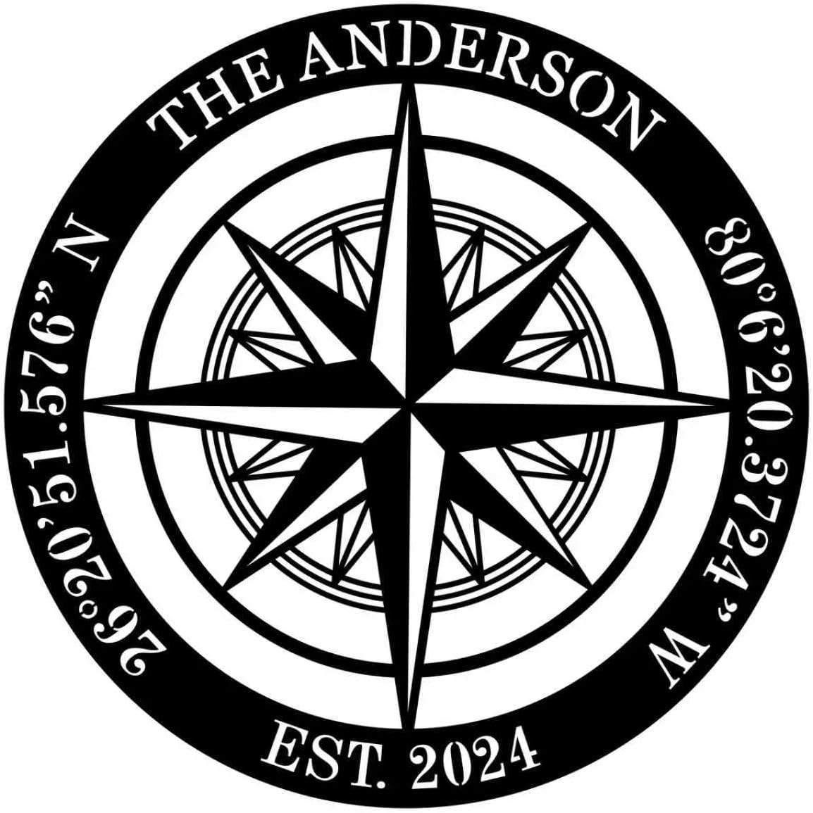 Compass Metal Sign, Nautical Compass GPS Coordinates Metal Sign with Last Name Date, Nautical Wall Decor, Metal Compass Decor, Outdoor Large Metal Sign, Personalized Wedding Gift, Housewarming Gift