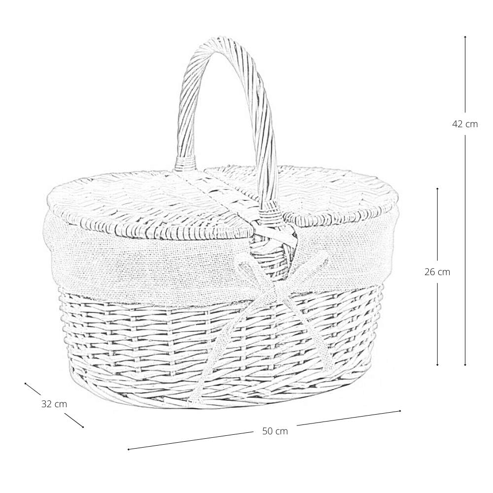 Cesto Picnic in Vimini e Juta con Coperchio e Manico 50x32 h42 cm — Cestino da Pic Nic per 2-4 Persone, Raccolta Funghi, Idea Regalo