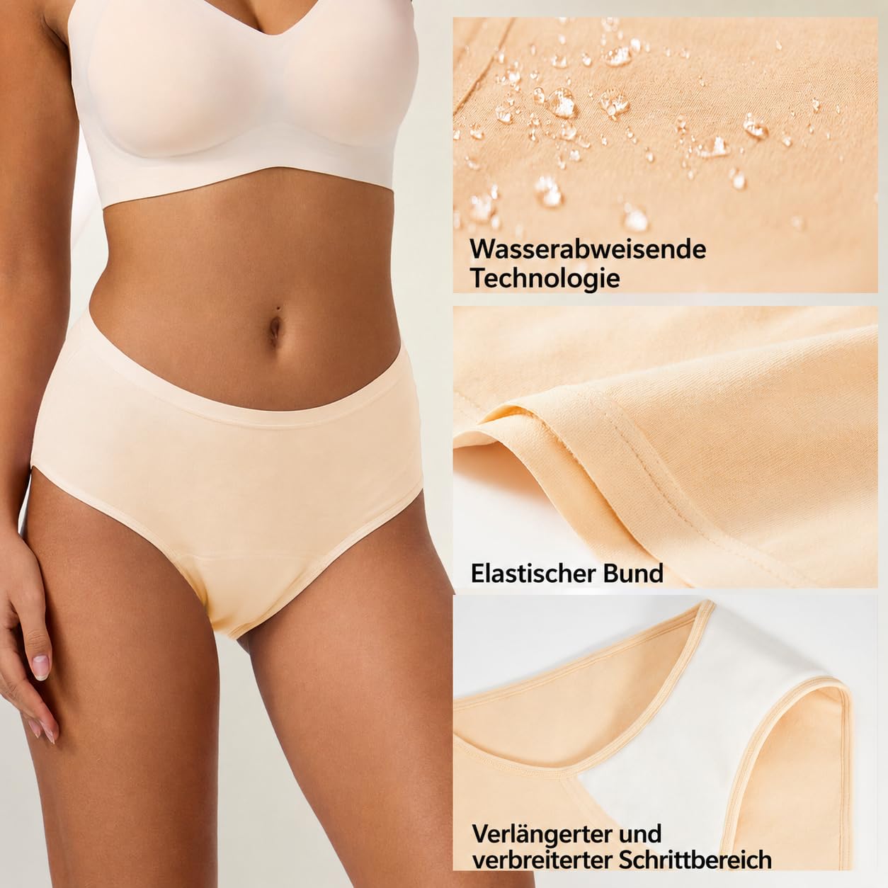 BATTEWA Inkontinenzunterwäsche für Damen, auslaufsicher, mittlere Taille, Schutzslip für postpartale Blasenkontrolle, waschbare Saugfähigkeit, 50 ml（Beige,M,3Stück)