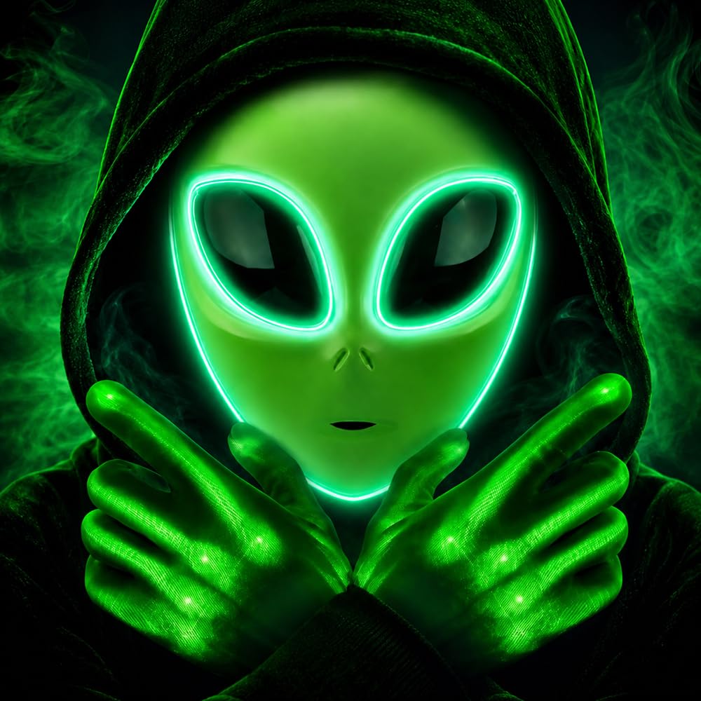 JYQOQH LED Alien Mask for Adult,Green Alien Mask with LED Gloves