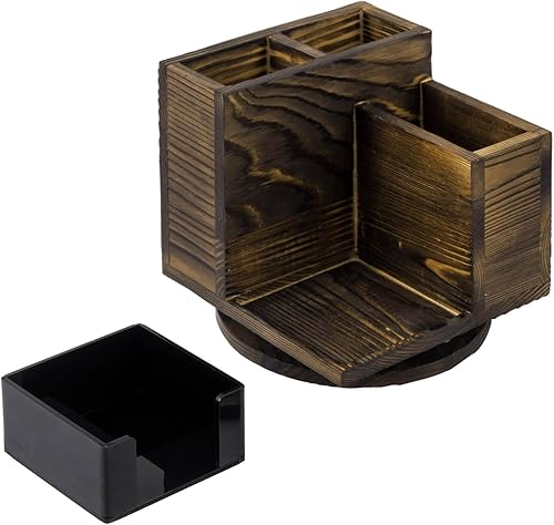 Miniatura 6 de MyGift Organizador moderno de escritorio de oficina de 4 compartimentos en madera maciza quemada rústica con soporte adhesivo acrílico negro y base