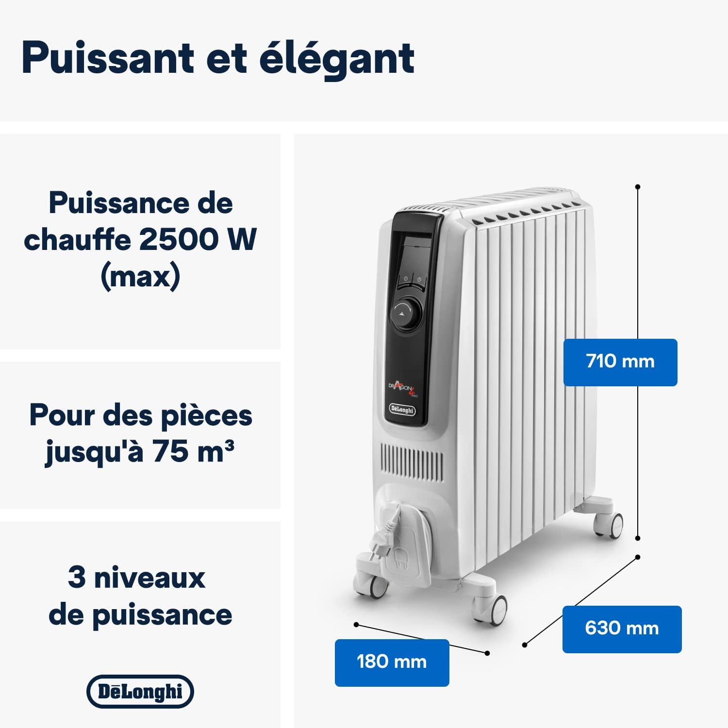 De'Longhi TRDX41025E Radiateur a huile Dragon 4, 2.5kw - photo 2