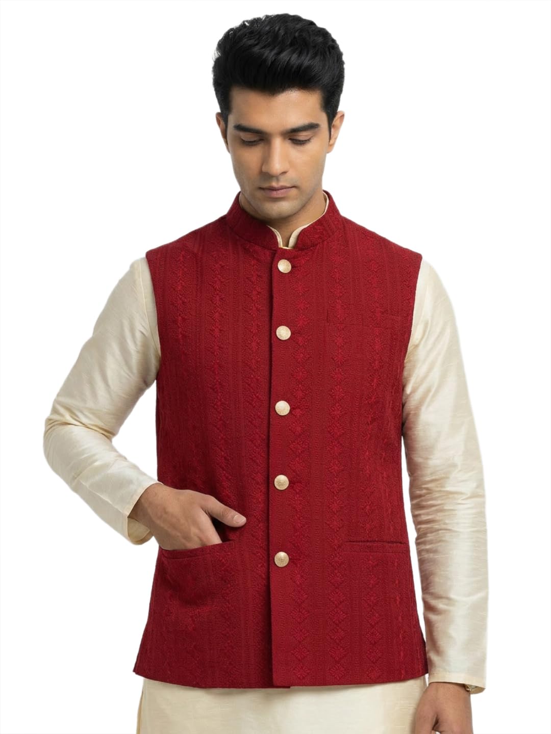 sanman ethnix by raymond Men Regular Fit Embroidery Pattern Poly Cotton Blend Mandarin Collar Sleeveless Festive Bundi-picture-11