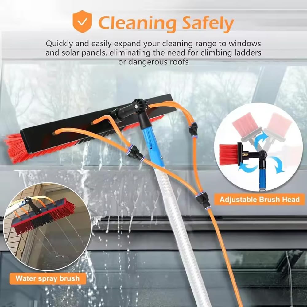 Perche Telescopique à Eau 10m avec Brosse Flexible 55cm | Tête Orientable à 180° | INCL. Flexible Antigel 20m et Accessoires,avec Sac de Rangement| pour Panneaux Solaires,Vitres,Camping-Cars,Bateaux