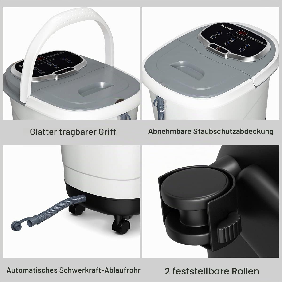 RELAX4LIFE Fußbadewanne elektrisch, Fußbad Massagegerät 10-60 min. Timer, 35-48℃, Rollbare Fußwasserwanne mit Universalrädern & Bremsen, Fußmassage mit Heizungs- & Dusch-Funktion (Grau)