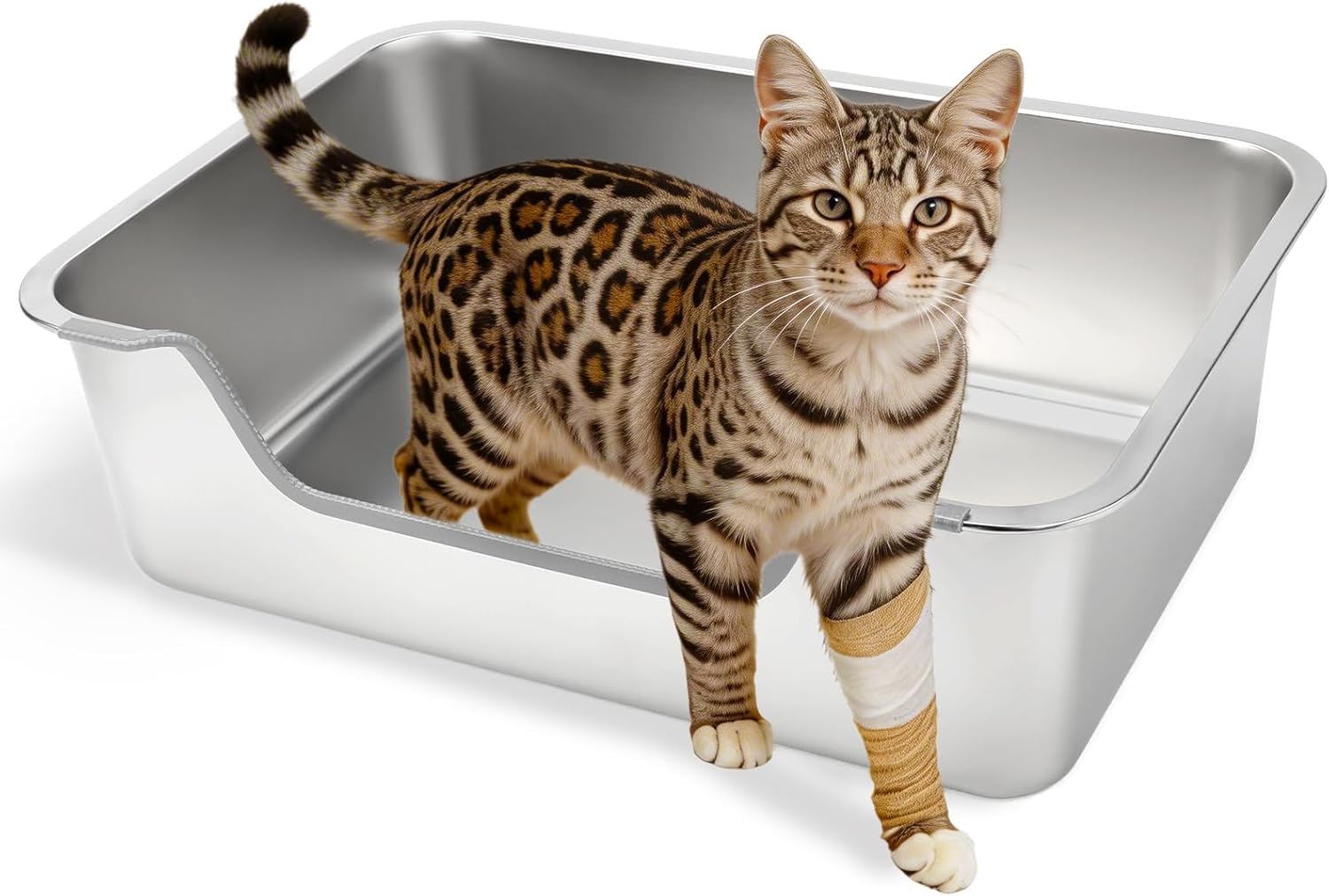 Sbayool Stainless Steel Cat Litter Tray, Low Entry Open-Top Litter Pan