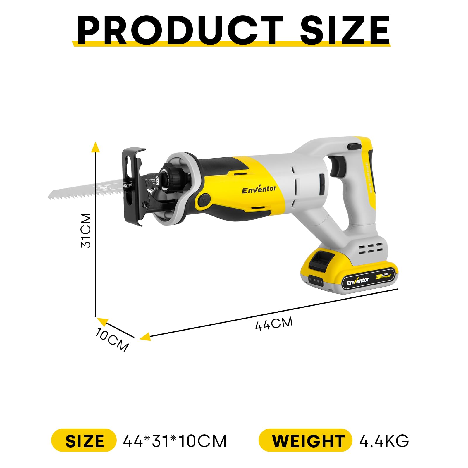 Enventor 20V Brushless Sierra de Sable Batería, Sierra Alternativa Inalámbrica, 2 Baterías 2.0Ah, Velocidad Variable de 0-3000RPM, 5 Hojas de Sierra, Corta Madera, Metal, Plástic, Ramas