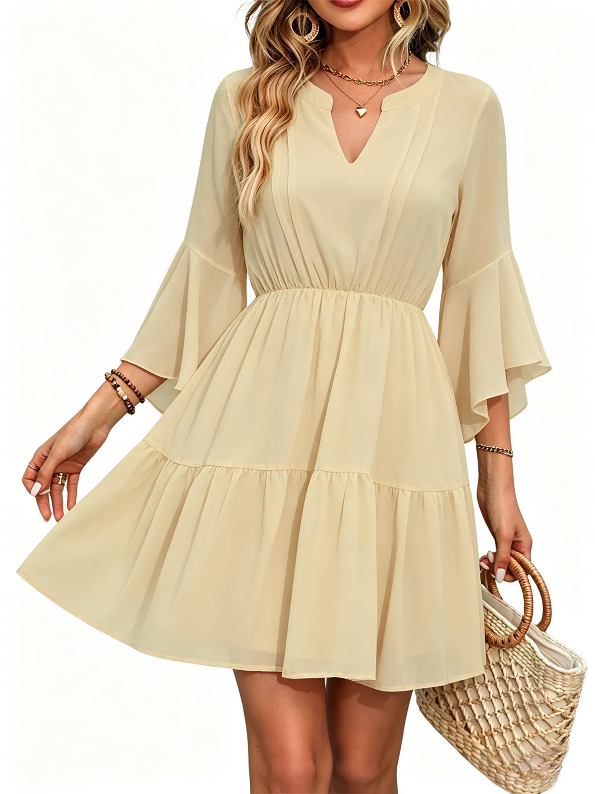 Womens Spring Summer Mini Dress Western Ruffled Sleeve Chiffon V Neck Flowy A Line Short Wedding Guest Party Dresses