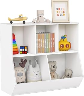 CLEEMAN Kids Toy Storage with Bookshelf, 5 Cubby Open Wooden Toy Organizer, Toddler Toy Shelf, Children Toy Storage Organizer for Playroom Bedroom Nursery