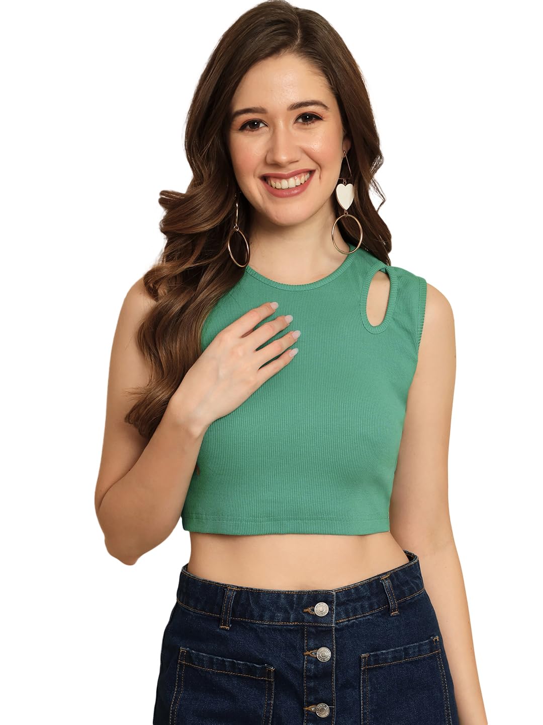 trend arrest.ed Women’s Green Ribbed Sleeveless Fitted Top – Stretch Knit Casual & Layering Tank-picture-10