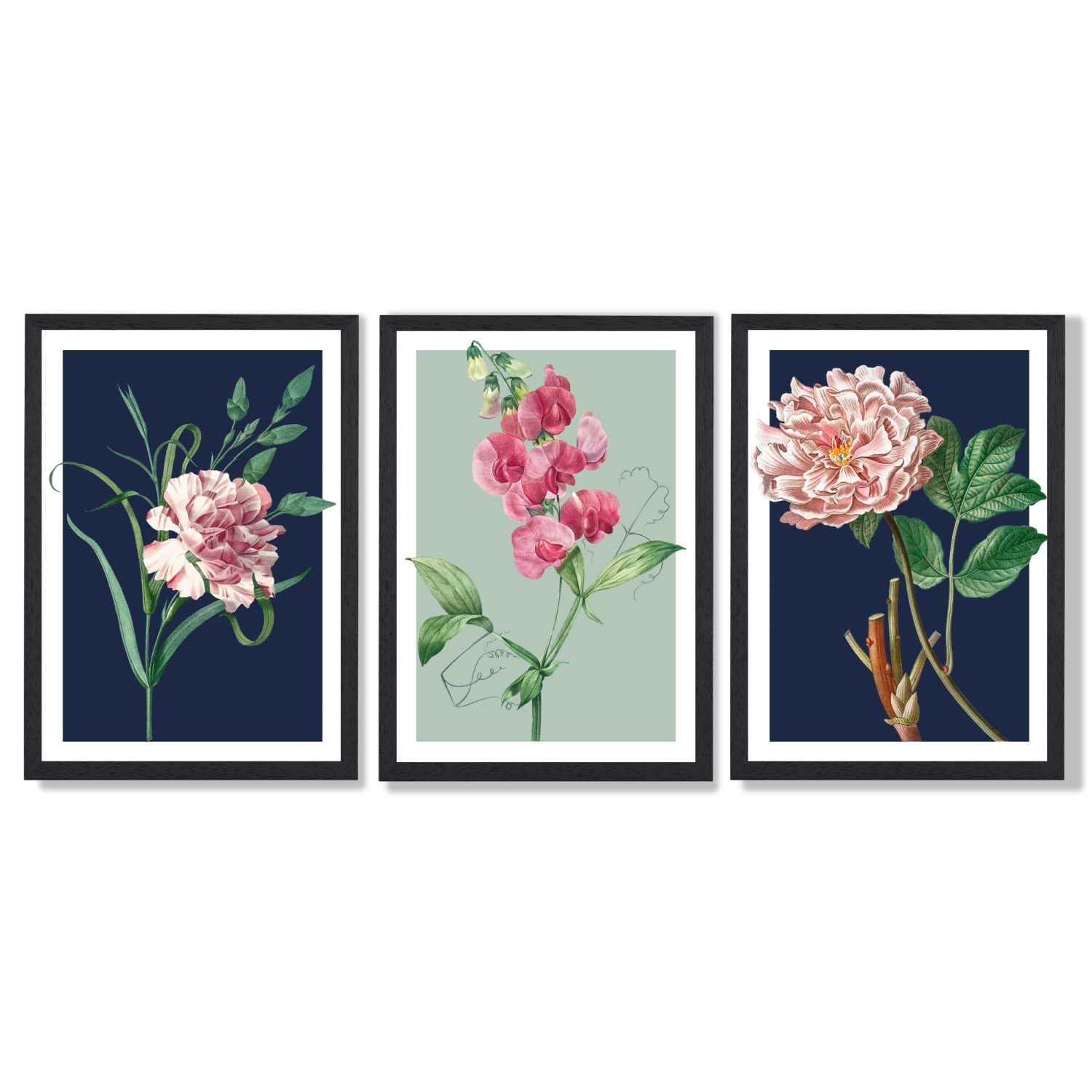 ARTZE Set of 3 Vintage Flowers Navy Blue and Sage Green Wall Art Black Frames Size: (A3-33 x 45 cm)