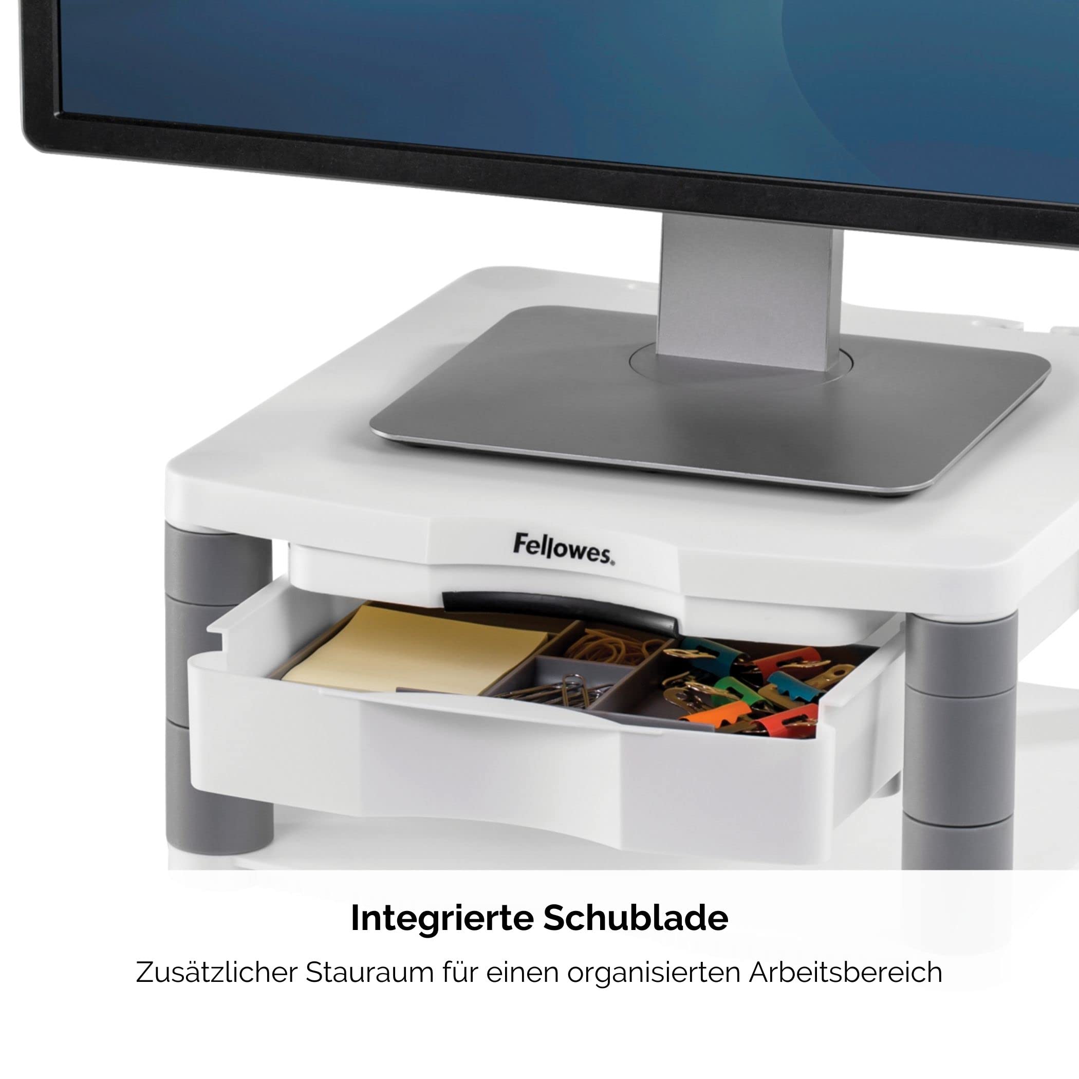 Fellowes Monitorständer Premium Plus, höhenverstellbar in 5 Stufen, ergonomisch, sehr stabil für Monitore bis 21 Zoll,, mit Schublade und Sichtfeld-Vorlagenhalter, weiß-grau