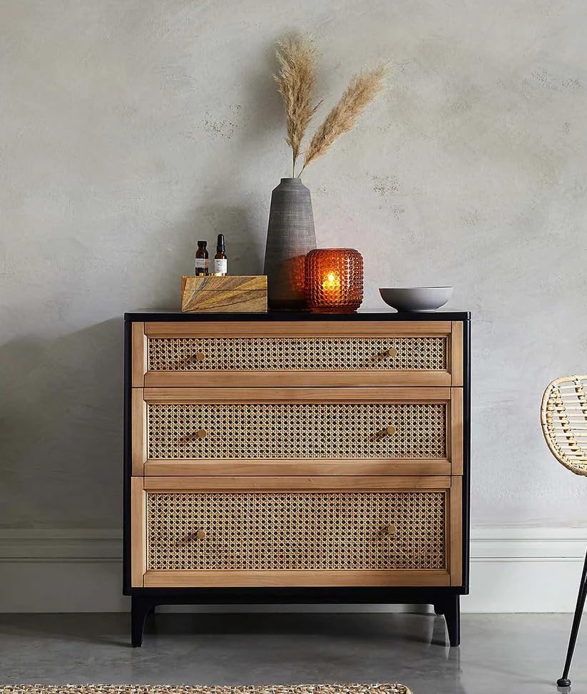 Image of Modern 3-Drawer Chest, Cane Woven Front Panels, Natural Wood and Black Frame, Living Room Storage L80 X W42 X H78 CM