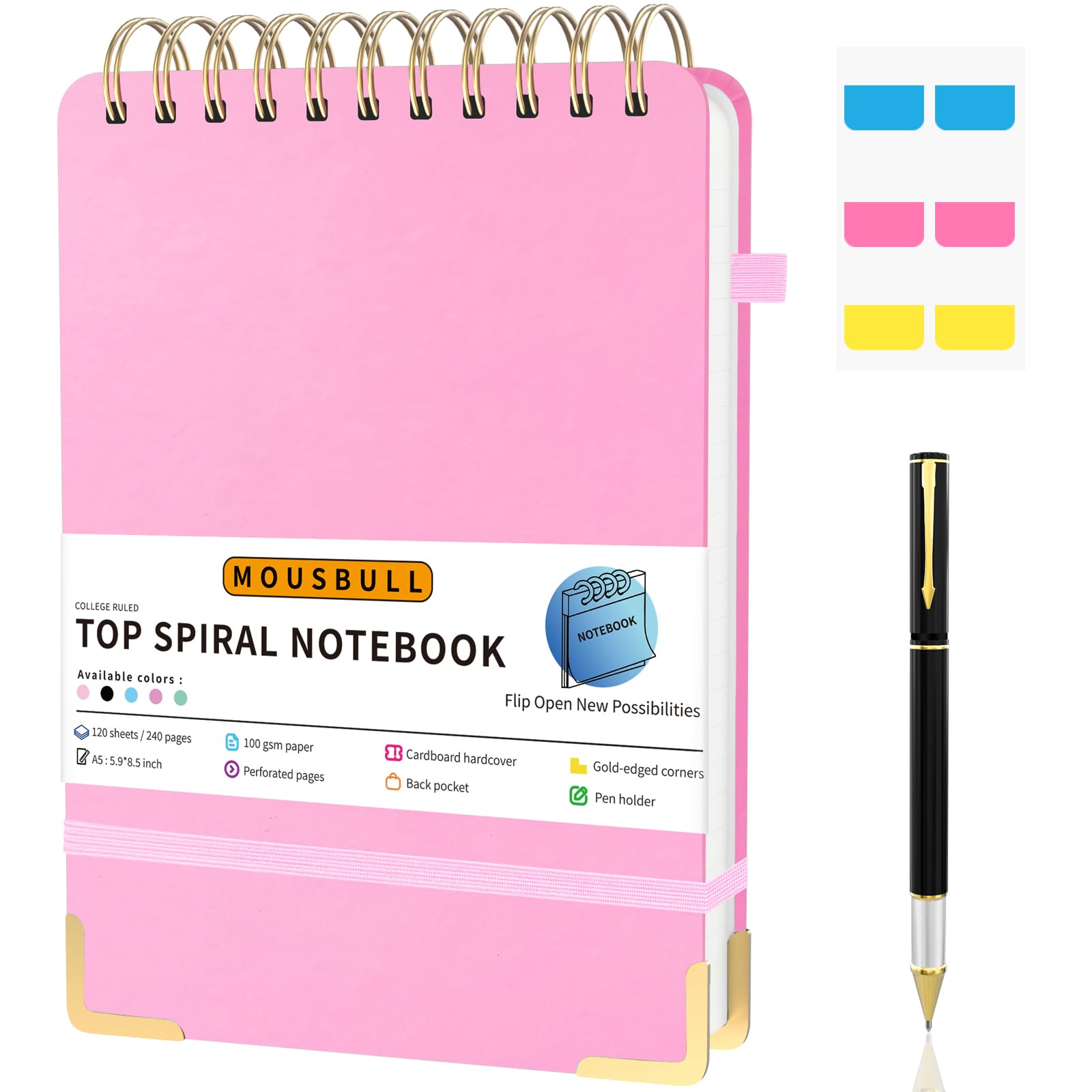 Mousbull Top Spiral Notebook, A5 Hardcover Top Bound Steno Pads, 240 Pages 100gsm College Ruled Left Handed Notebook Journal for Work, School, Meeting Writing - Pink, 5.9" x 8.5"