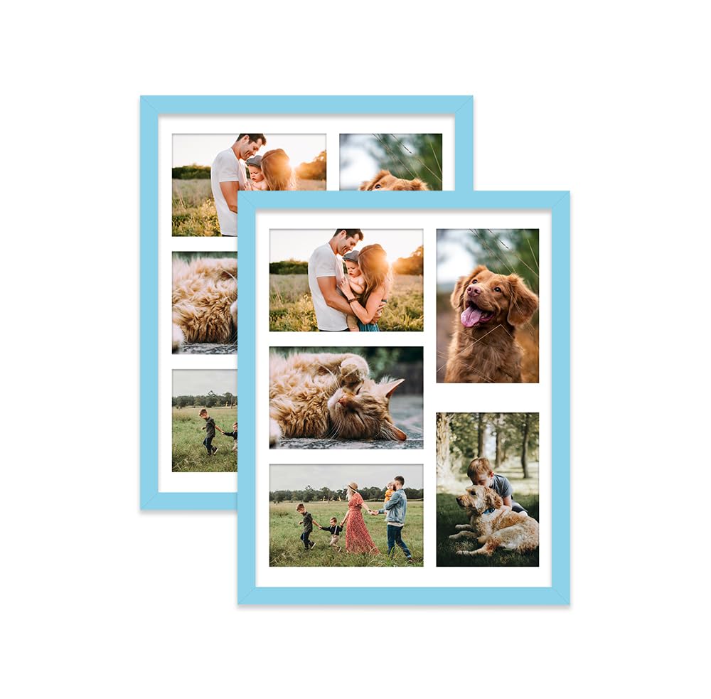 Light Blue Multi Photo Frame - Holds 5 x 6x4 Pictures, Family Collage Picture Frame for Wall Display, 14x11 Frame size, Set of 2