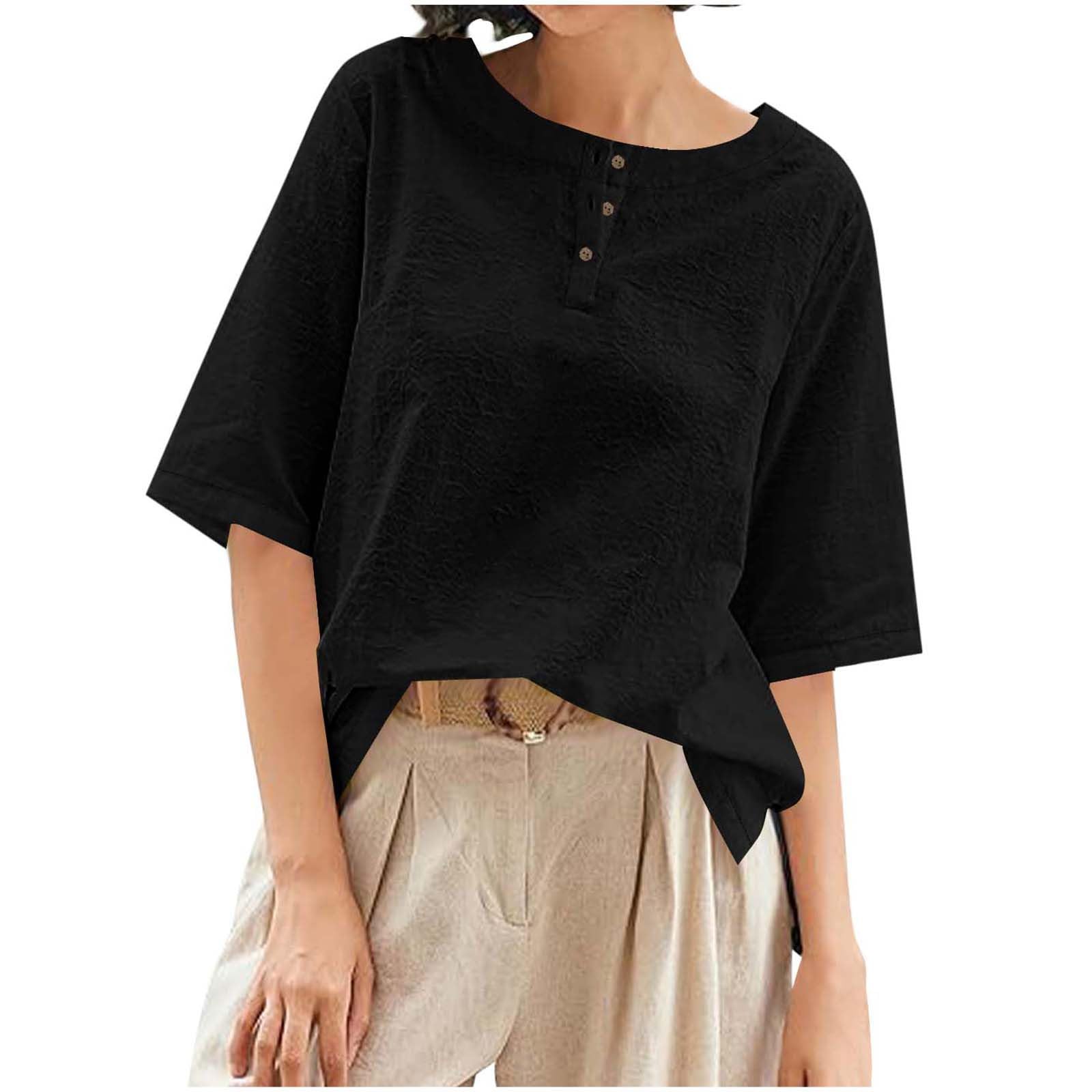 Linen Tops for Women Loose Fit Vintage Vacation T Shirts Half Sleeve Crew Neck Tshirt Casual Boho Travel Beach Clothes