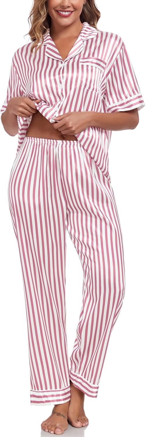 Silk Pajamas for Women Set Short Sleeve Sleepwear Button Down Shirt with Long Pants 2 Piece Striped Soft Pj Set - Image 3