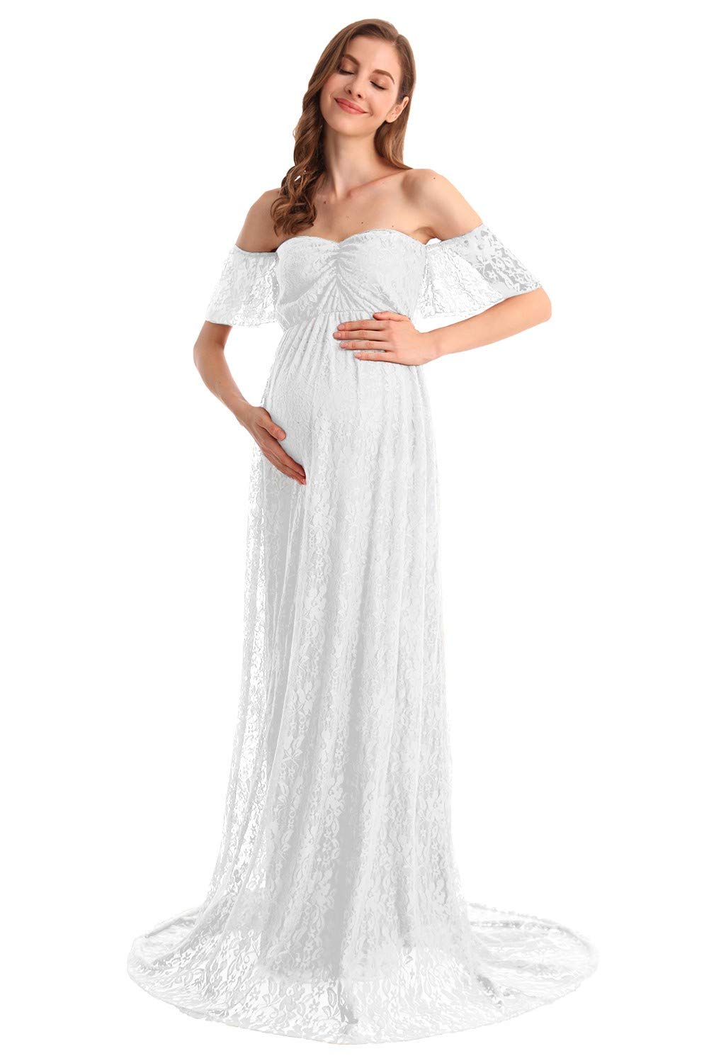 MYRISAM Damska czeska macierzyństwo bez ramion falbanka koronka suknia ślubna fotografia Maxi baby shower suknia zdjęciowa, biały, M