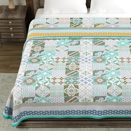 Image of BLOCKS OF INDIA 100% Cotton Dohar King Size Reversible Hand Block Printed Malmal Summer Dohar /Blanket (Blue Ikat)| TC - 300