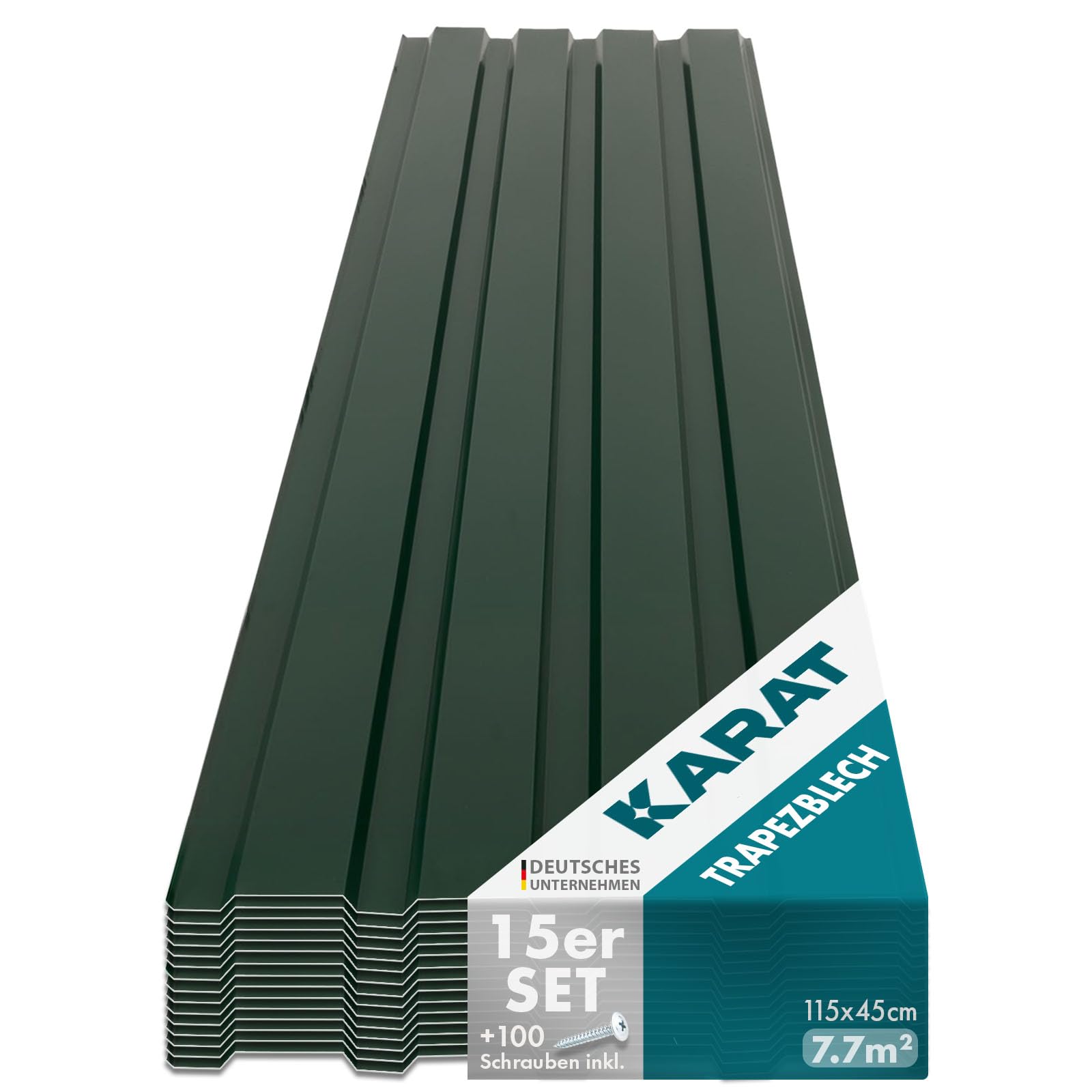 KARAT Metal Roofing Sheets 115 x 45 cm (Pack of 15) 7.7 m² Corrugated Roof Sheeting Plates Cladding for Garage, Shed, Carport and Greenhouse, Galvanised Coated, Green (incl. 30x Screws)