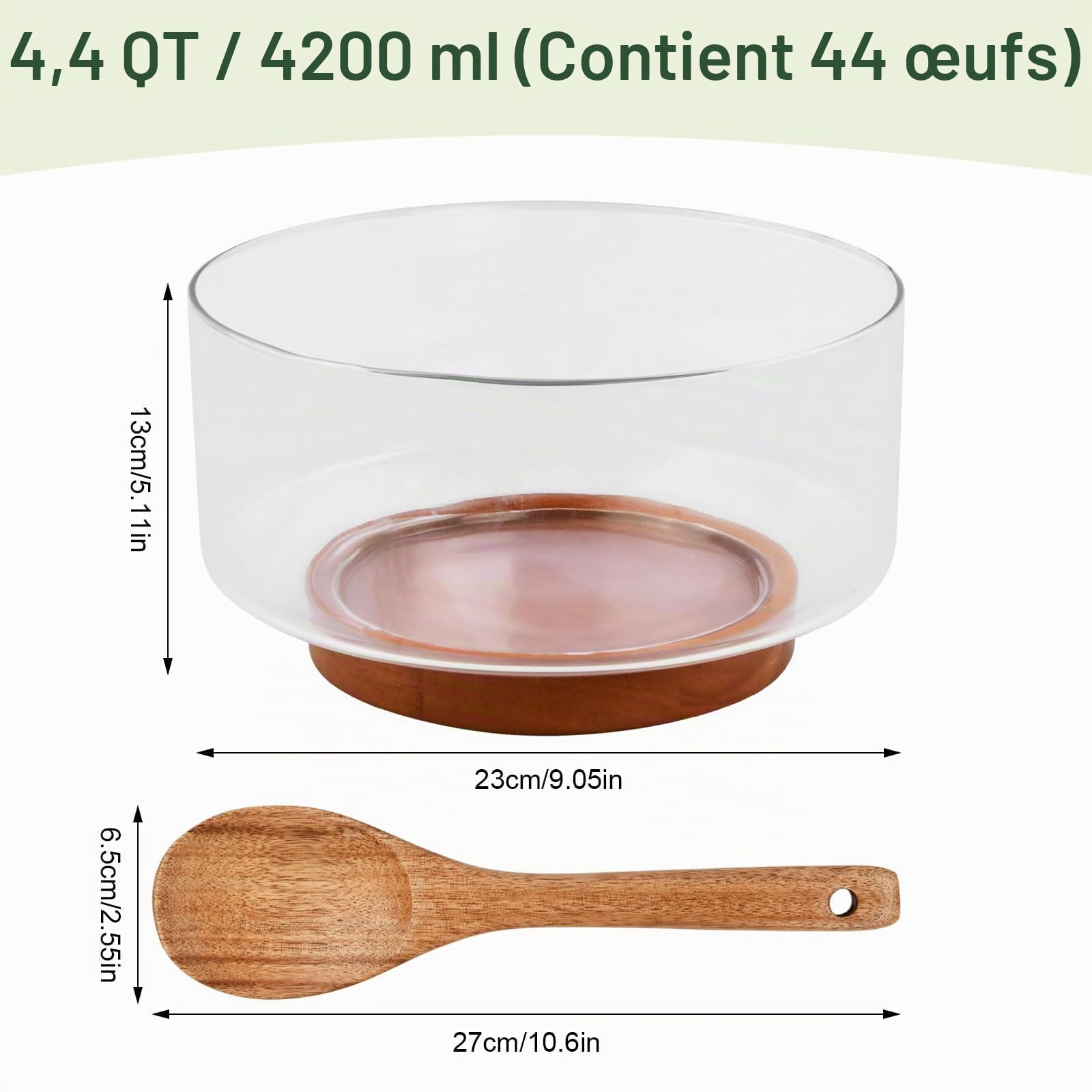 4200ML Ensemble de Saladiers en Verre avec Base en Bois D'acacia, Élégant Bols de Fête Grande Capacité avec Ustensiles de Service à Salade Plat de Service Polyvalent pour Salades Fruits Desser