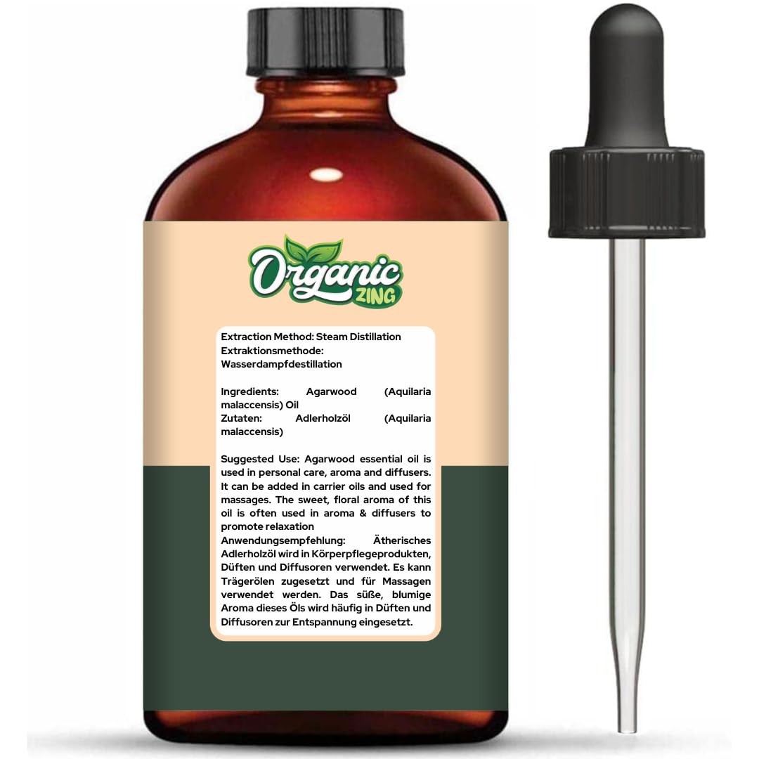 Organic Zing Agarwood Oil | Pure & Natural Essential Oil for Skincare, Hair Care & Massage - 118ml/3.99fl oz