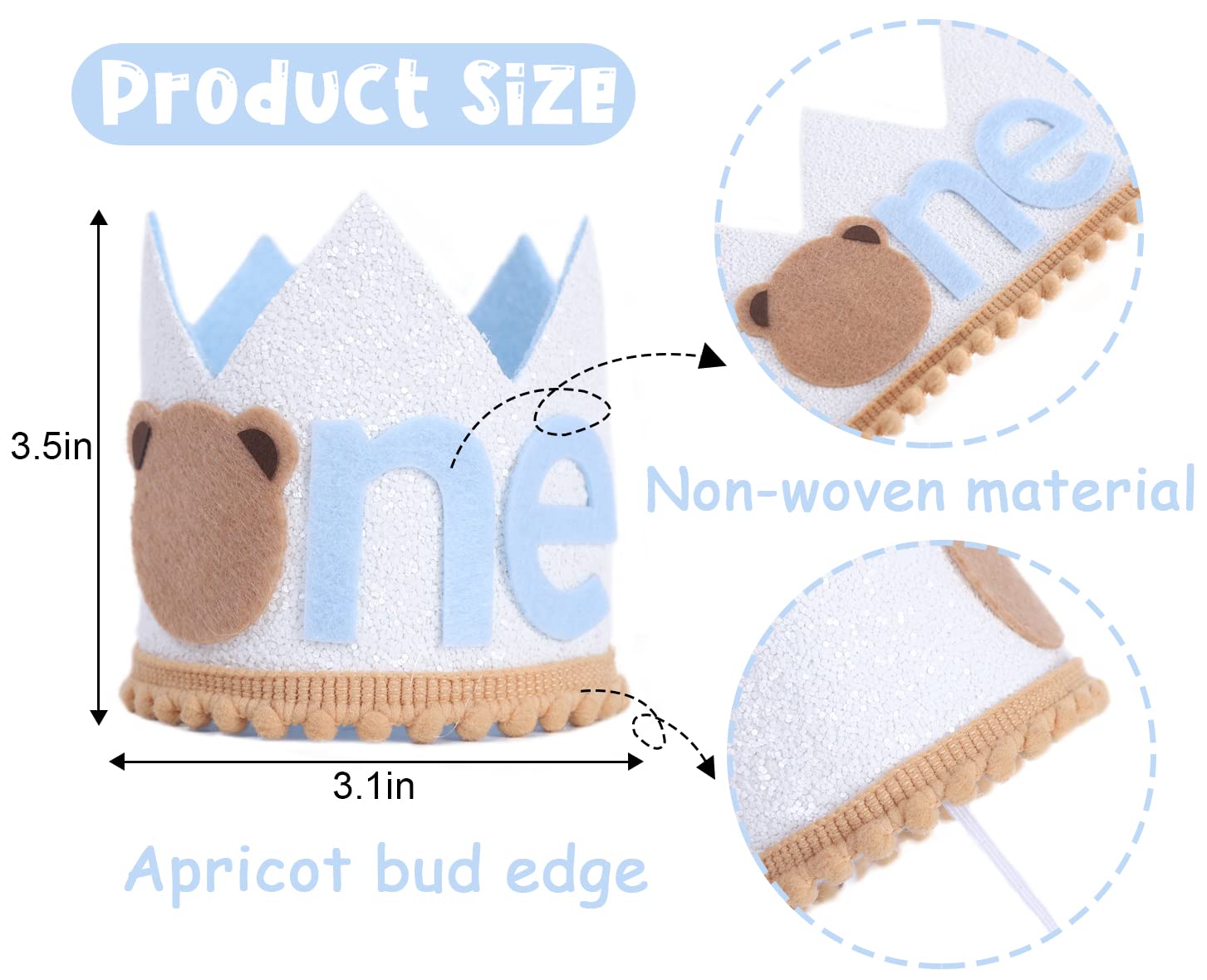 WAOUH Teddy Bear Crown - Costume Headwear, Bear Themed First Birthday Party Decorations, White, Boys aged 1 year