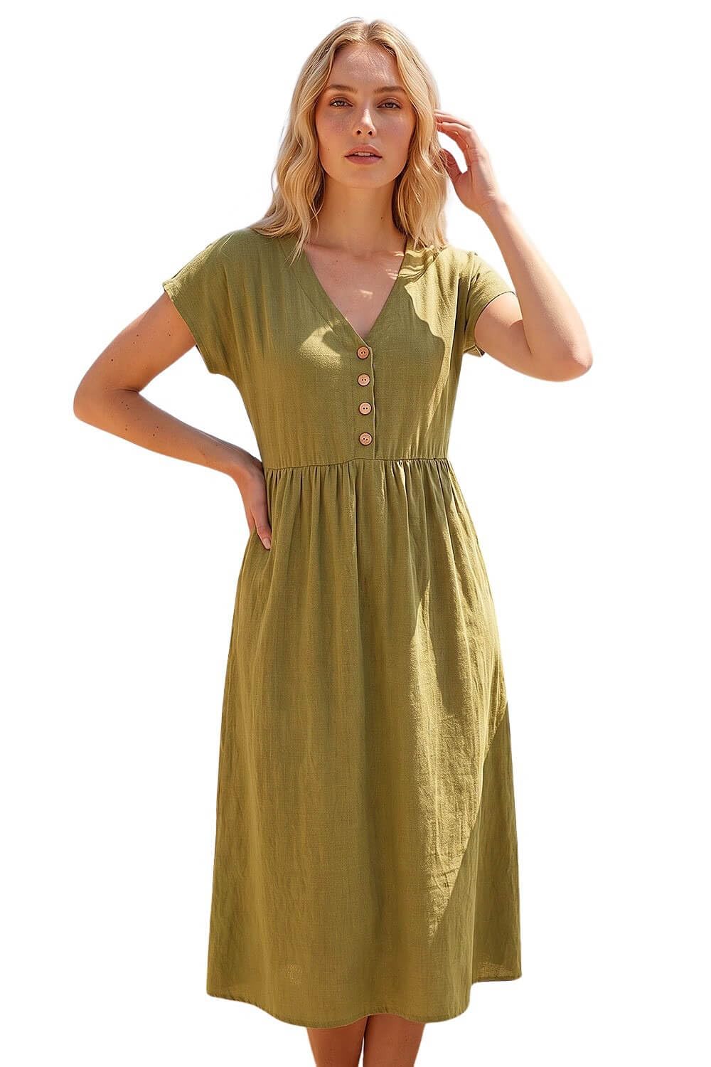 Roman Originals Linen Look Button Midi Dress for Women UK - Ladies Everyday Holiday Spring Summer V-Neckline Comfy Soft Evening Vacation Work Party - Khaki - Size 18