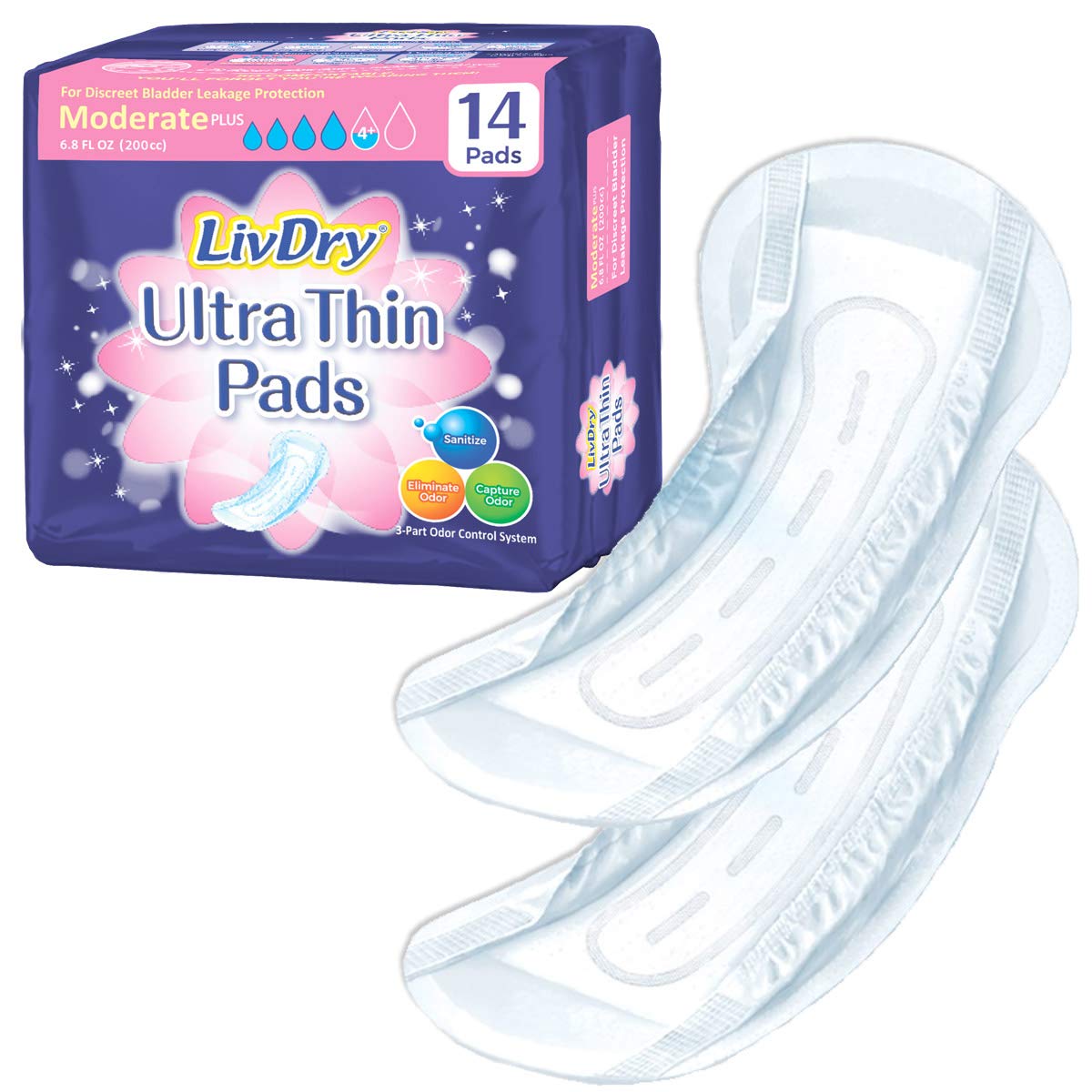 LivDryIncontinence Ultra Thin Pads for Women | Leak Protection and Odor Control | Extra Absorbent (Moderate Plus 14-Count)