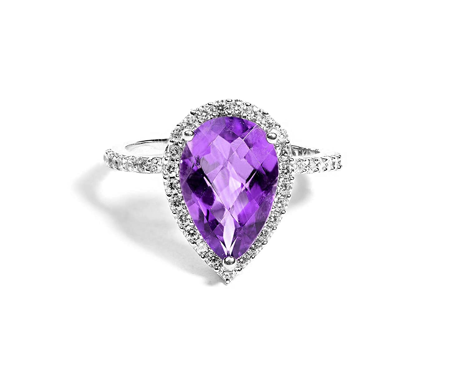 3.10 CT Pear Cut Amethyst Purple Simulated Diamond Solitaire Halo Wedding Ring for Women in Sterling Silver White Gold Finish