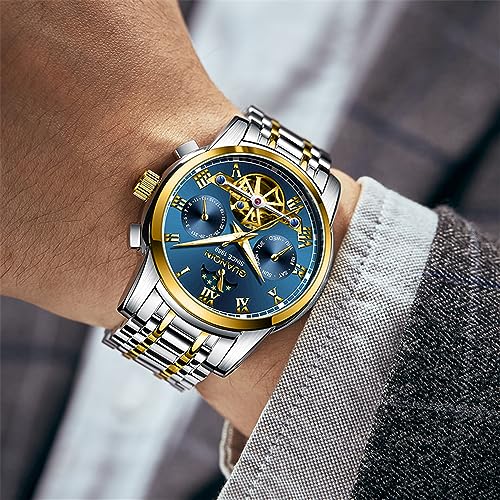 Guanqin Reloj mecánico multifuncional de esqueleto vintage para hombre, automático, de cristal de zafiro, doble cara, hueco, impermeable, luminoso, fase lunar, reloj de pulsera de acero inoxidable - Imagen 6