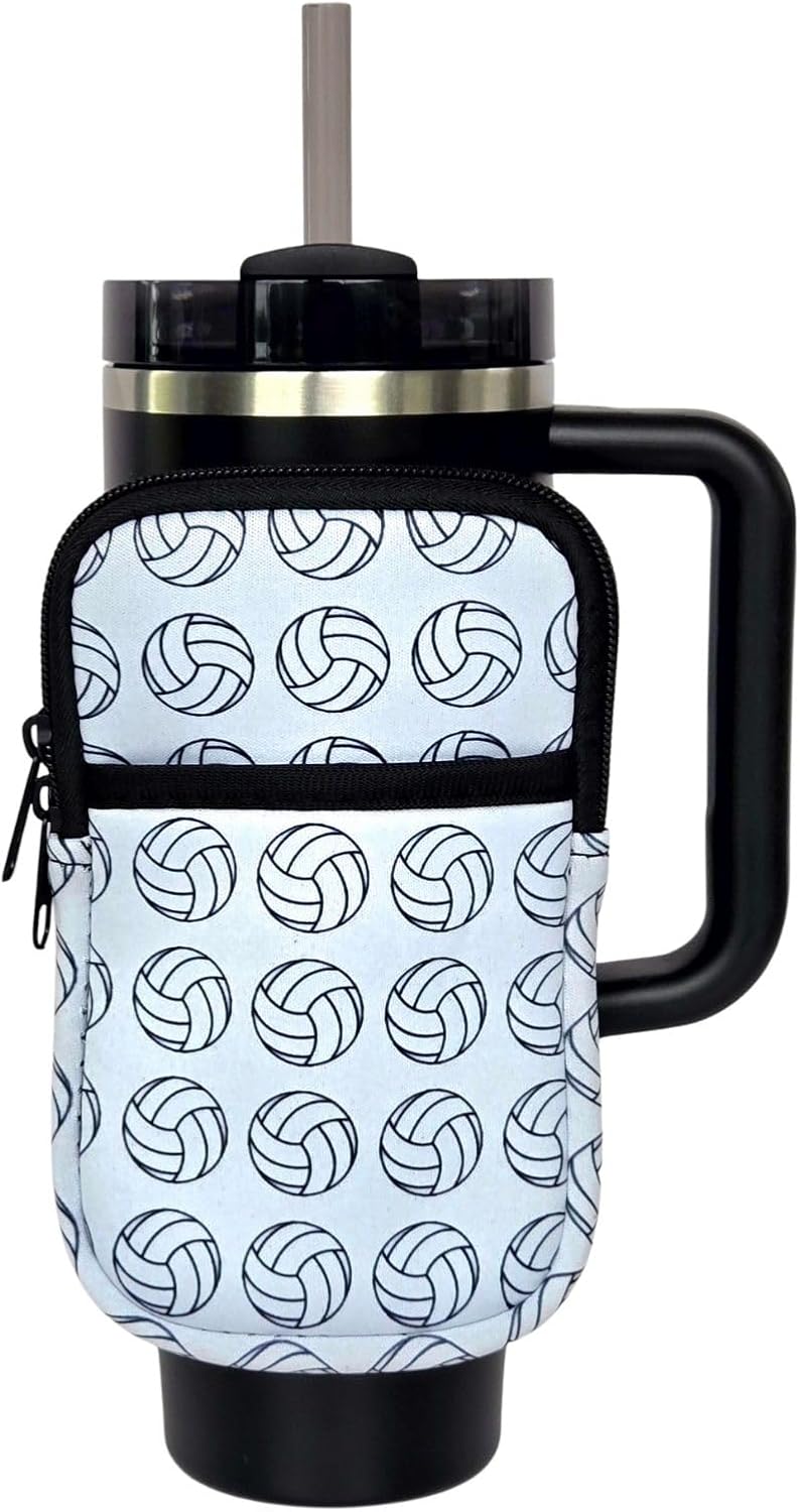 Water Bottle Pouch Accessory  Compatible with Stanley Tumbler Great for Workouts, Gym, Sports Keeps Cash, Keys, and Earbuds Safe (Large Volleyball)