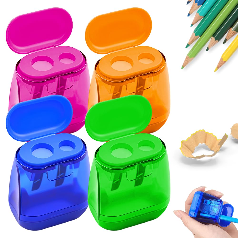 4 Pcs Pencil Sharpeners with Lid, 2026 New Dual Hole Sharpener, Colored Handheld Sharpener Suitable for Kids Adults Students School Class Home Office (Mix-8Pcs)