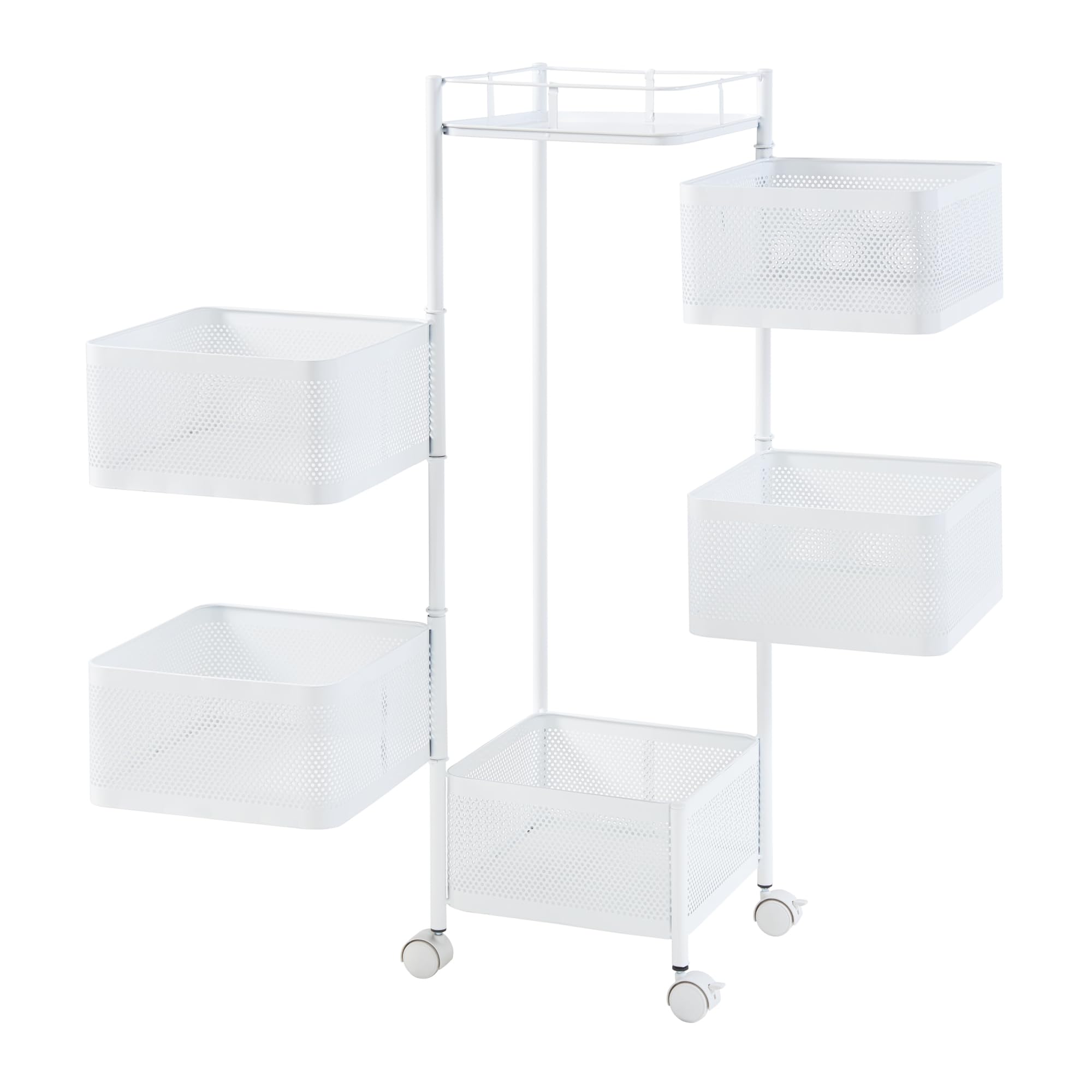 [en.casa] Carro de Servicio con 5 Cestas Rectangulares Verdulero con Paredes Perforadas y 4 Cestas Superiores Giratorias Carrito de Cocina Baño con 4 Ruedas Acero 95x27x27 cm - Blanco